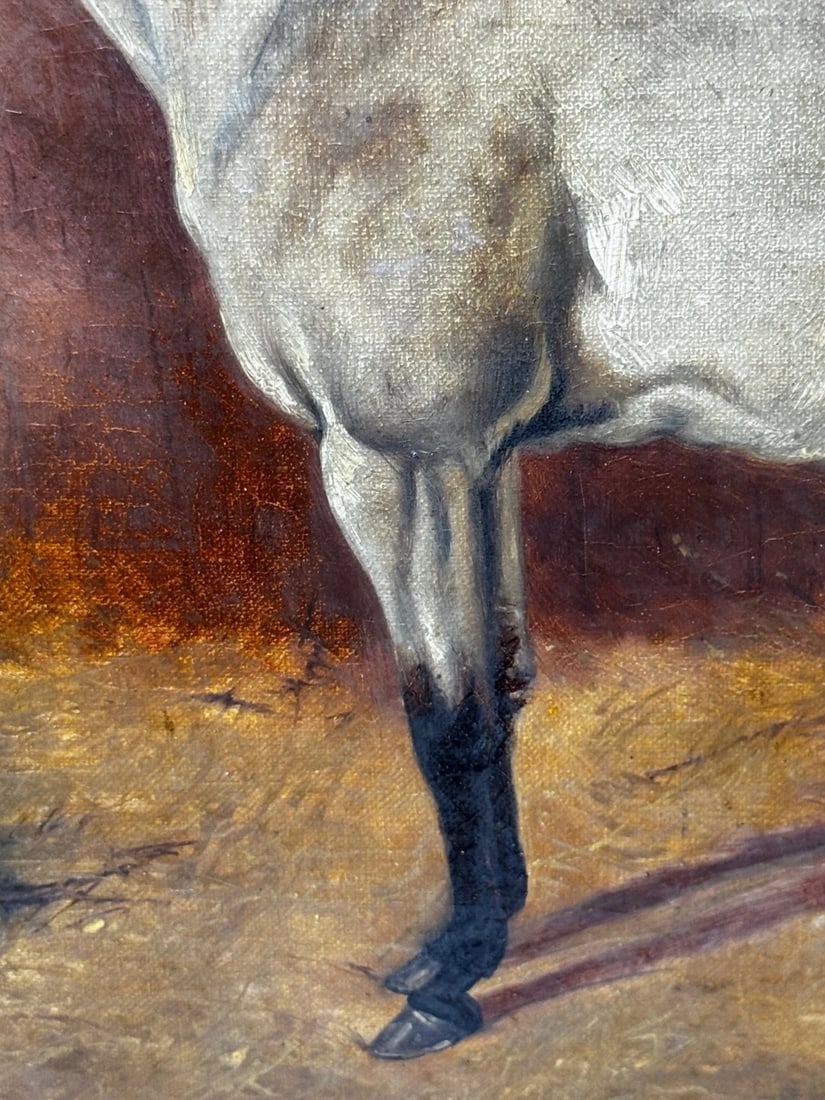 Victorian Masterpiece in Oil Strawberry Roan Hunter Horse in Stable with Terrier - 17