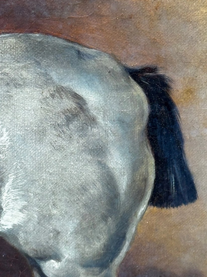 Victorian Masterpiece in Oil Strawberry Roan Hunter Horse in Stable with Terrier - 20