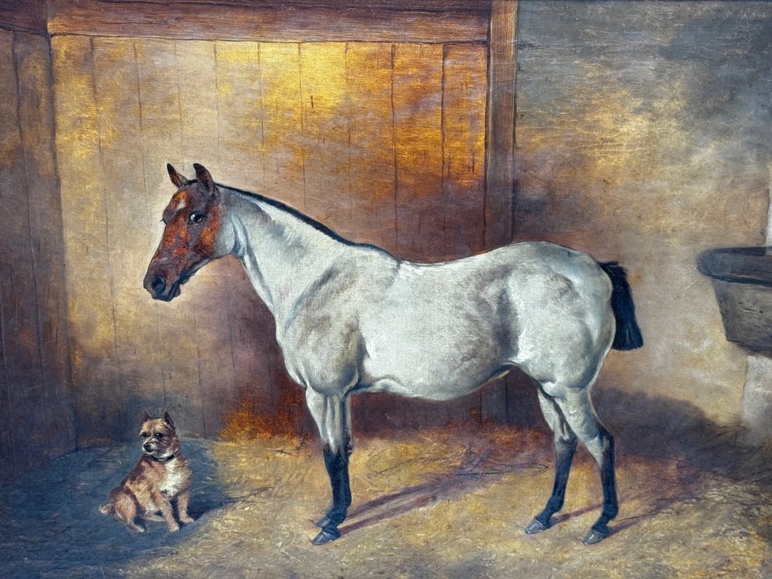 Victorian Masterpiece in Oil Strawberry Roan Hunter Horse in Stable with Terrier - 2