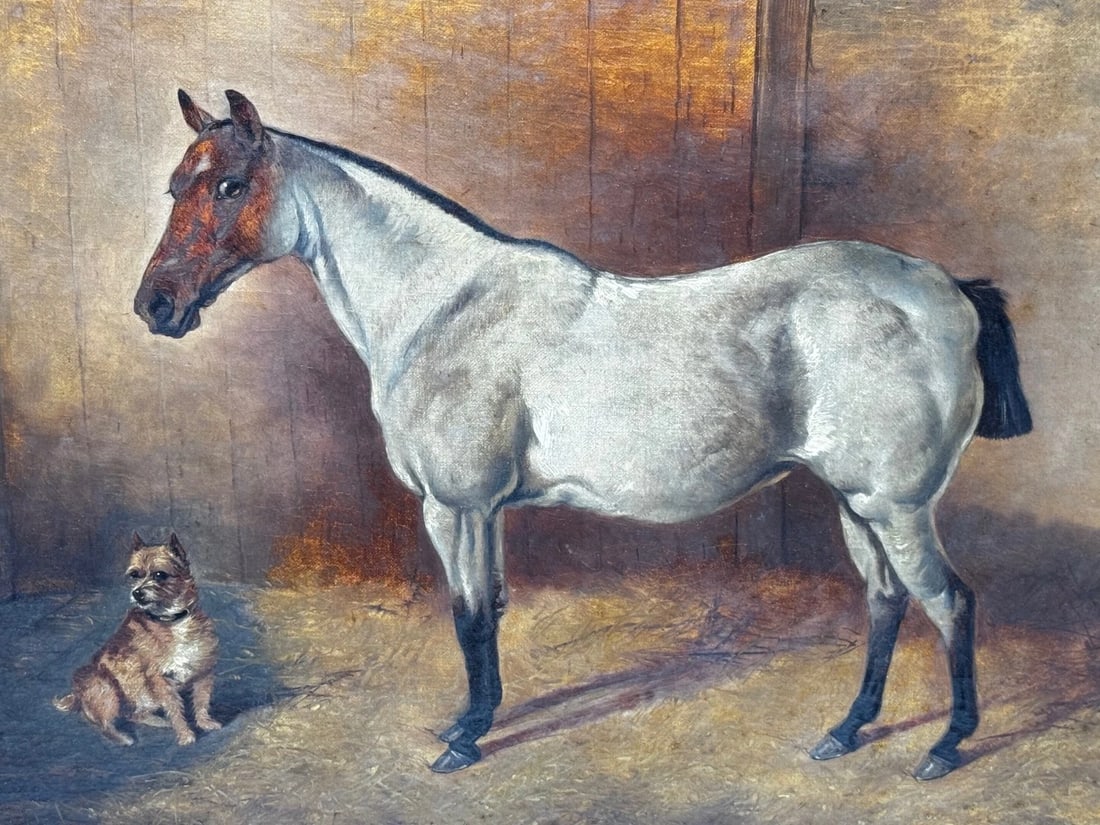 Victorian Masterpiece in Oil Strawberry Roan Hunter Horse in Stable with Terrier - 3