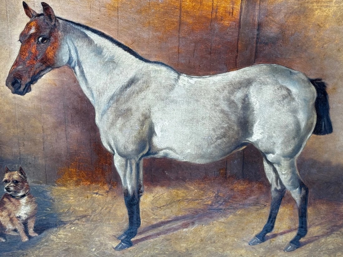 Victorian Masterpiece in Oil Strawberry Roan Hunter Horse in Stable with Terrier - 4
