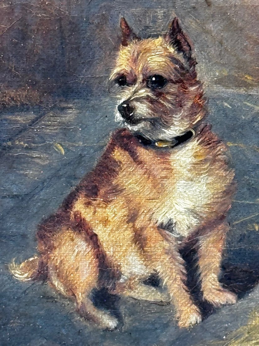 Victorian Masterpiece in Oil Strawberry Roan Hunter Horse in Stable with Terrier - 6