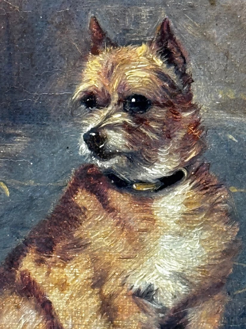 Victorian Masterpiece in Oil Strawberry Roan Hunter Horse in Stable with Terrier - 7