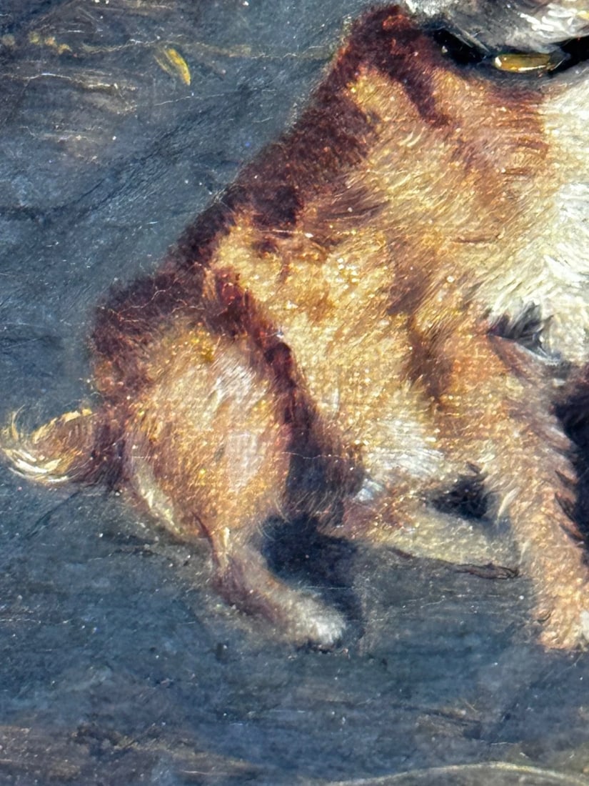Victorian Masterpiece in Oil Strawberry Roan Hunter Horse in Stable with Terrier - 8