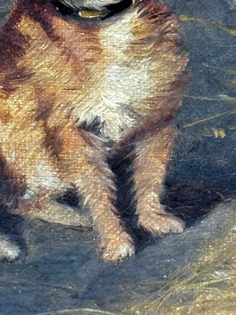 Victorian Masterpiece in Oil Strawberry Roan Hunter Horse in Stable with Terrier - 9
