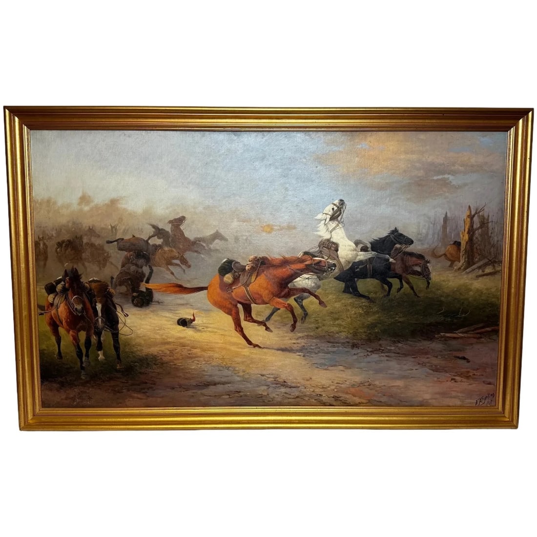 WW1 Charleroi Great Retreat Oil Painting Runaway Horses By Edith Alice Simkins: WW1 Charleroi Great Retreat Oil Painting Runaway Horses By Edith Alice Simkins Click image to enlarge Description Edith Alice Simkins (1870–1949) — “Runaway Horses”