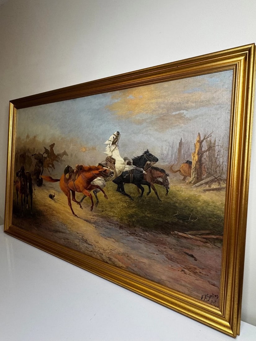 WW1 Charleroi Great Retreat Oil Painting Runaway Horses By Edith Alice Simkins - 5