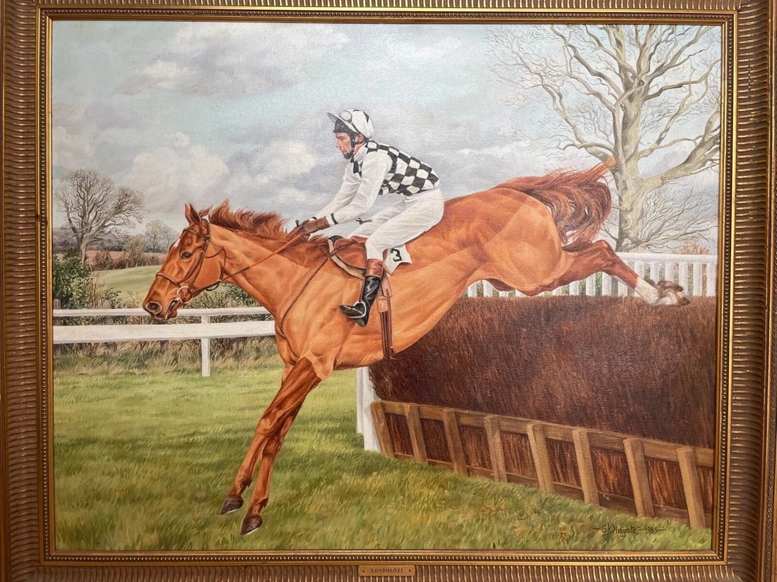 Sue Wingate RCA Equestrian Oil Painting Londolozi Horse Racing Jumping Fence - 2