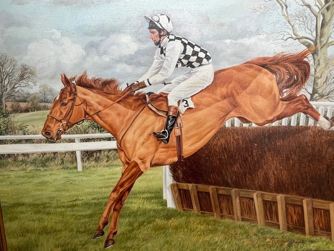 Sue Wingate RCA Equestrian Oil Painting Londolozi Horse Racing Jumping Fence - 3