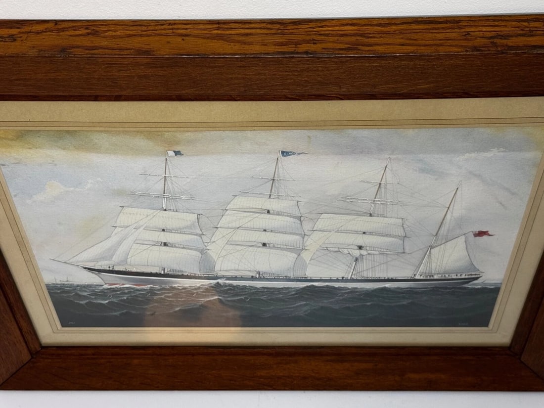 Victorian Painting Brocklebank Line Four Masted Barque Steel Hull Ship Sindia - 4