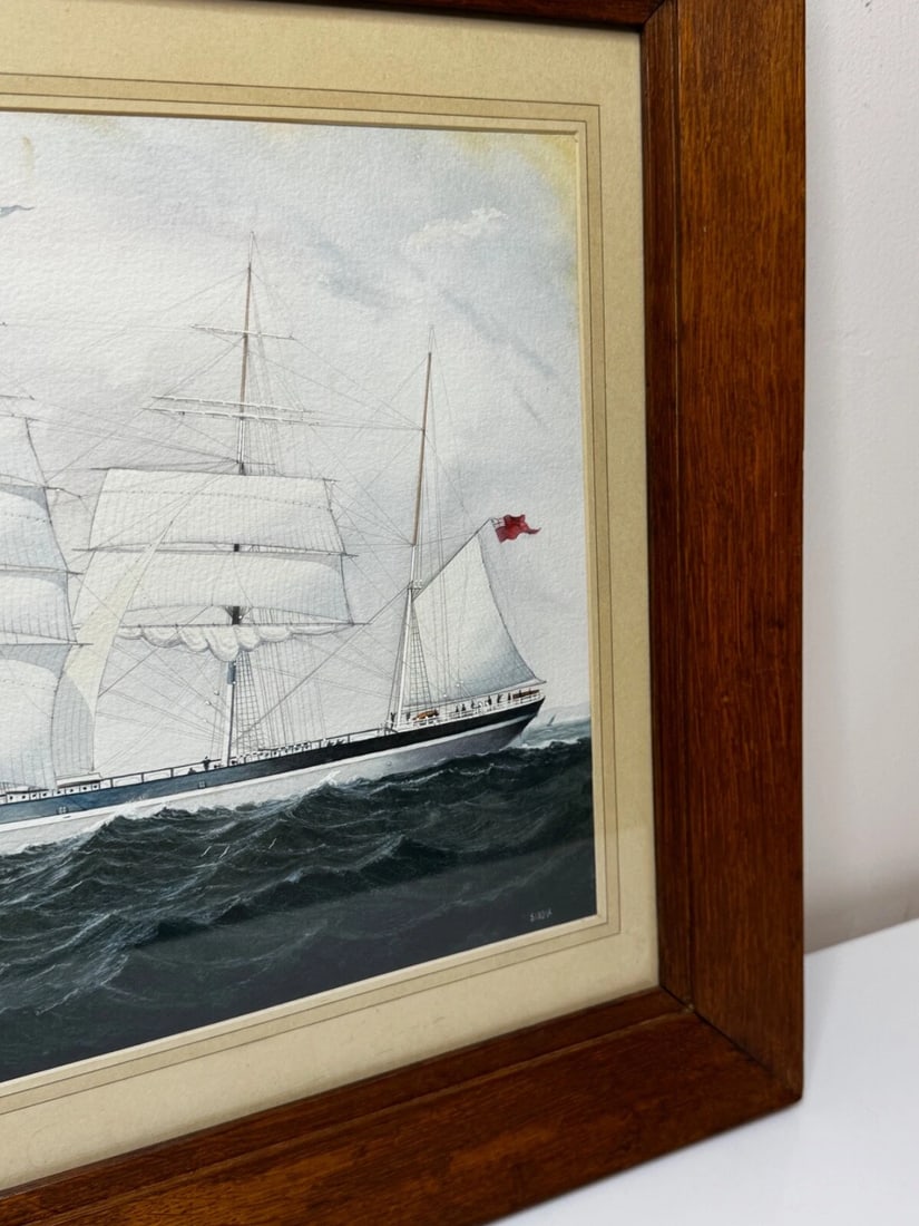 Victorian Painting Brocklebank Line Four Masted Barque Steel Hull Ship Sindia - 5