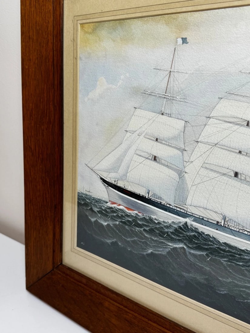Victorian Painting Brocklebank Line Four Masted Barque Steel Hull Ship Sindia - 6