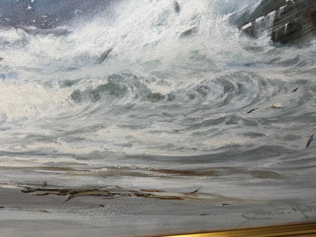 Painting Shipwreck High Tide off Trebarwith Strand By Charles Sim Mottram RBA - 11