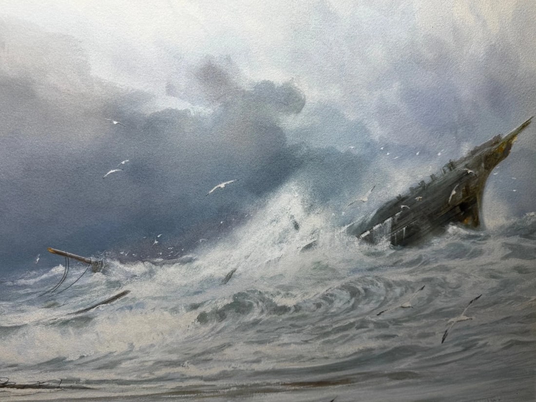 Painting Shipwreck High Tide off Trebarwith Strand By Charles Sim Mottram RBA - 9