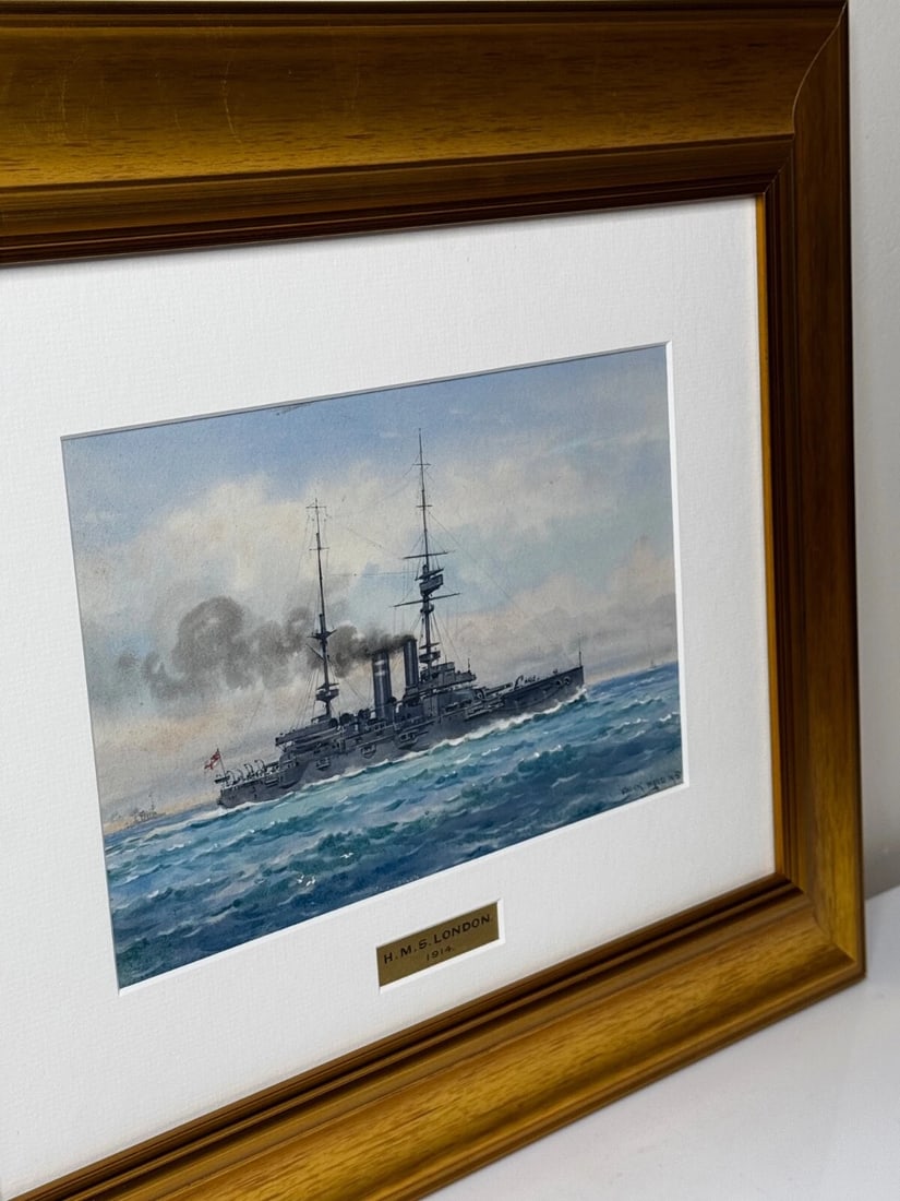 Painting HMS London 1914 Escorting British Expedition Force WW1 By Frank W Wood - 11