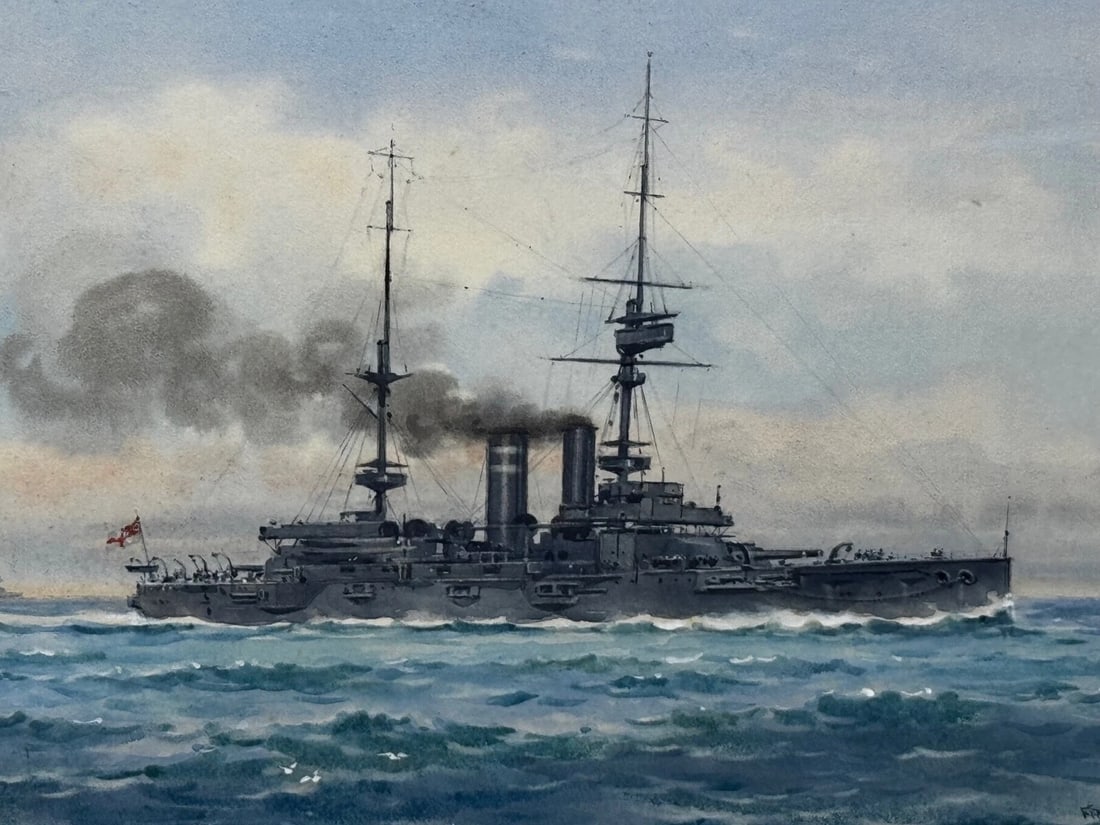 Painting HMS London 1914 Escorting British Expedition Force WW1 By Frank W Wood - 2