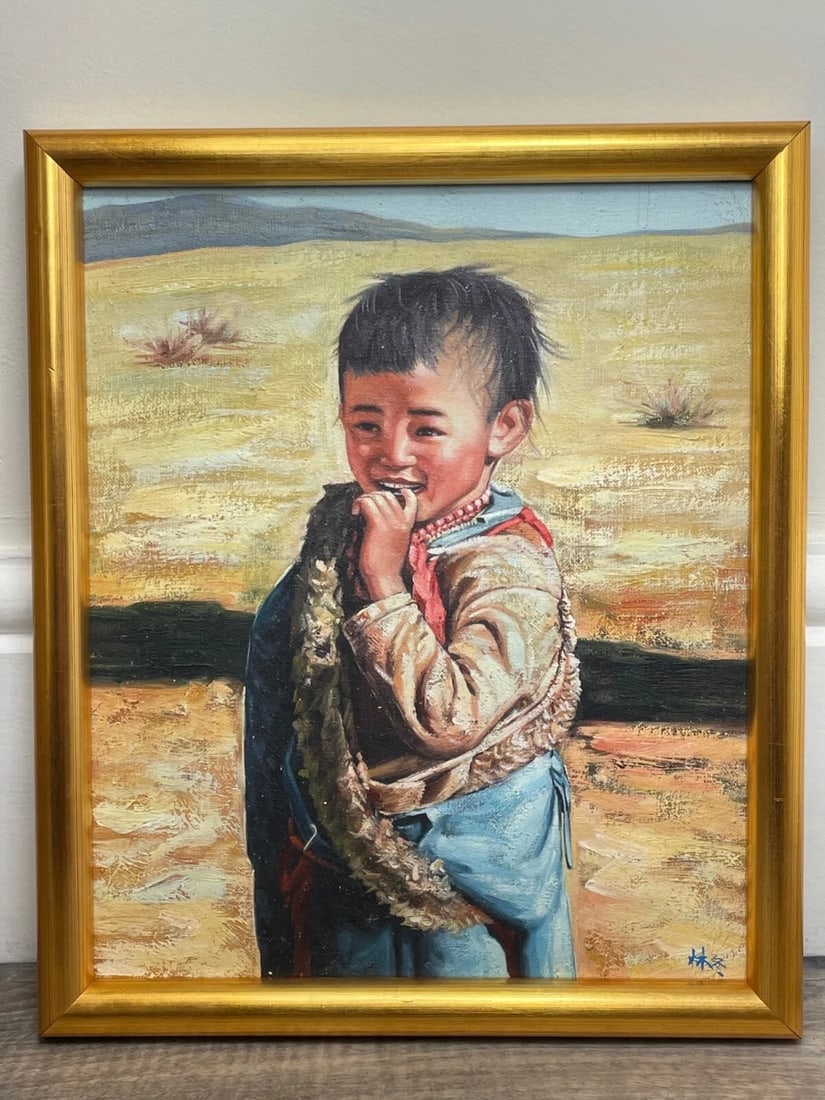 Chinese Portrait Oil Painting Desert Boy Anticipation After Lee Man Fong - 4