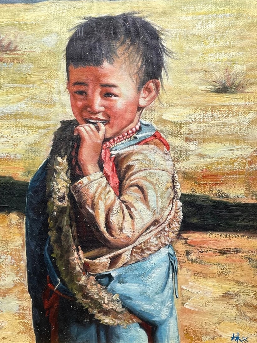 Chinese Portrait Oil Painting Desert Boy Anticipation After Lee Man Fong - 5