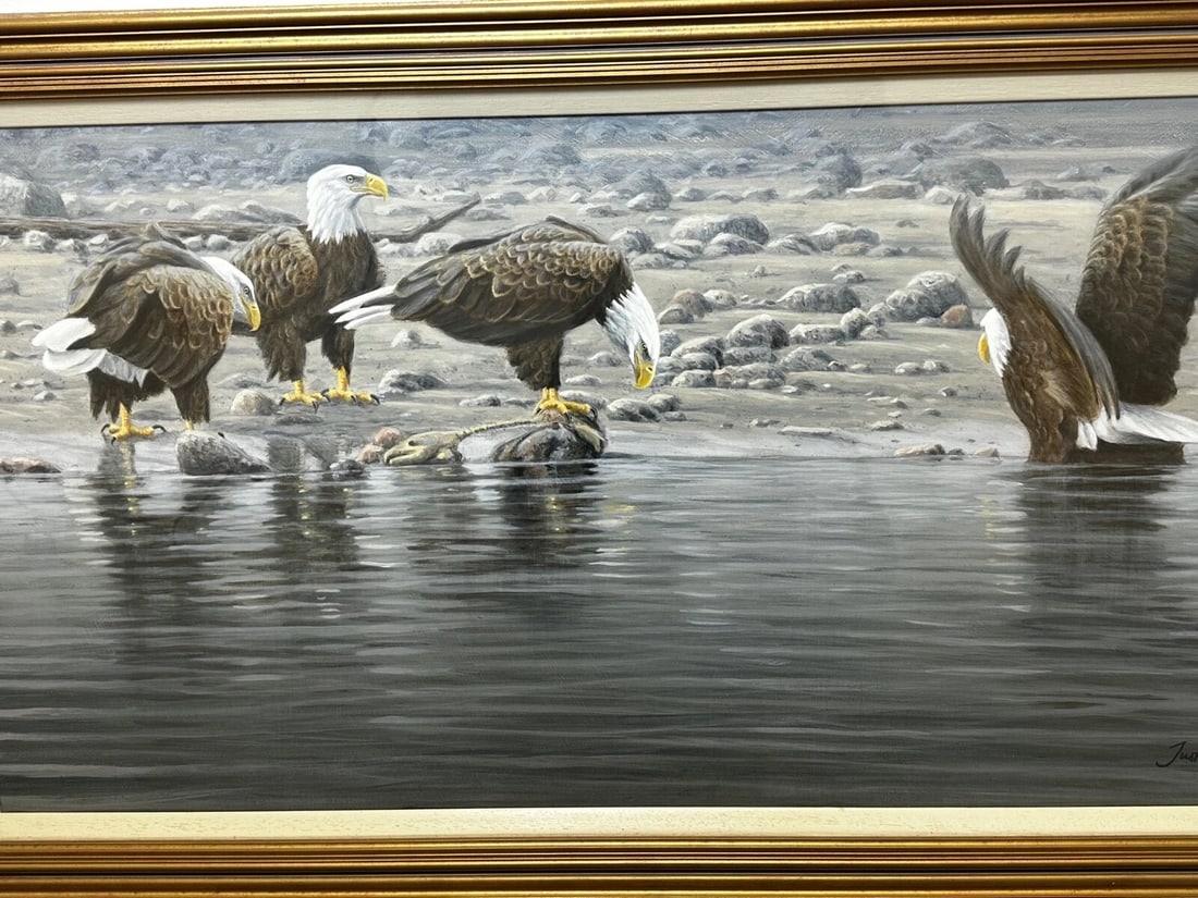 Large Painting North American Bald Eagles Gathering Fishing By Justin Prigmore - 2