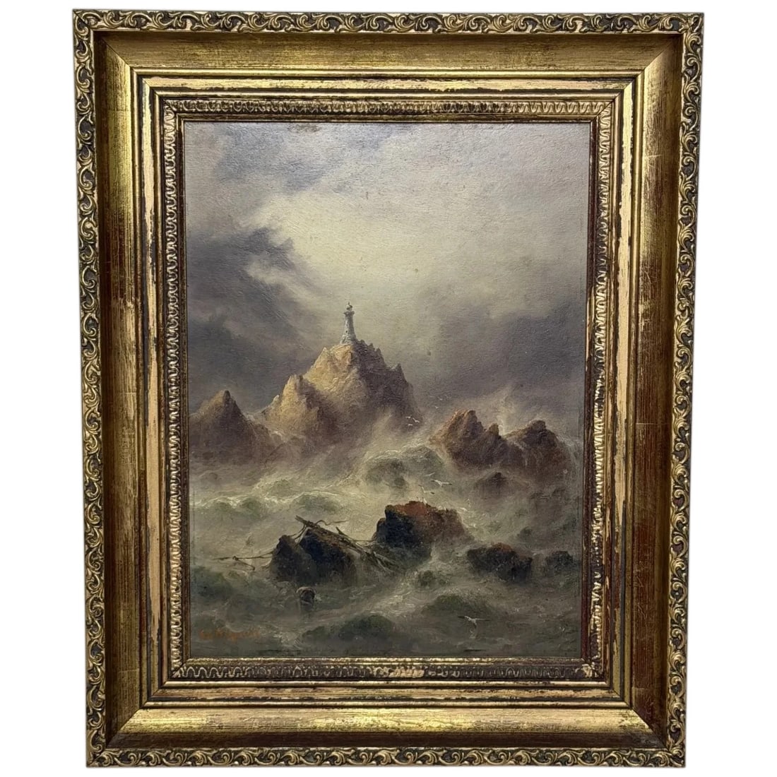 Oil Painting Shipwreck Rough Seas La Corbière Lighthouse By Sarah Louisa Kilpack (1 of 20)