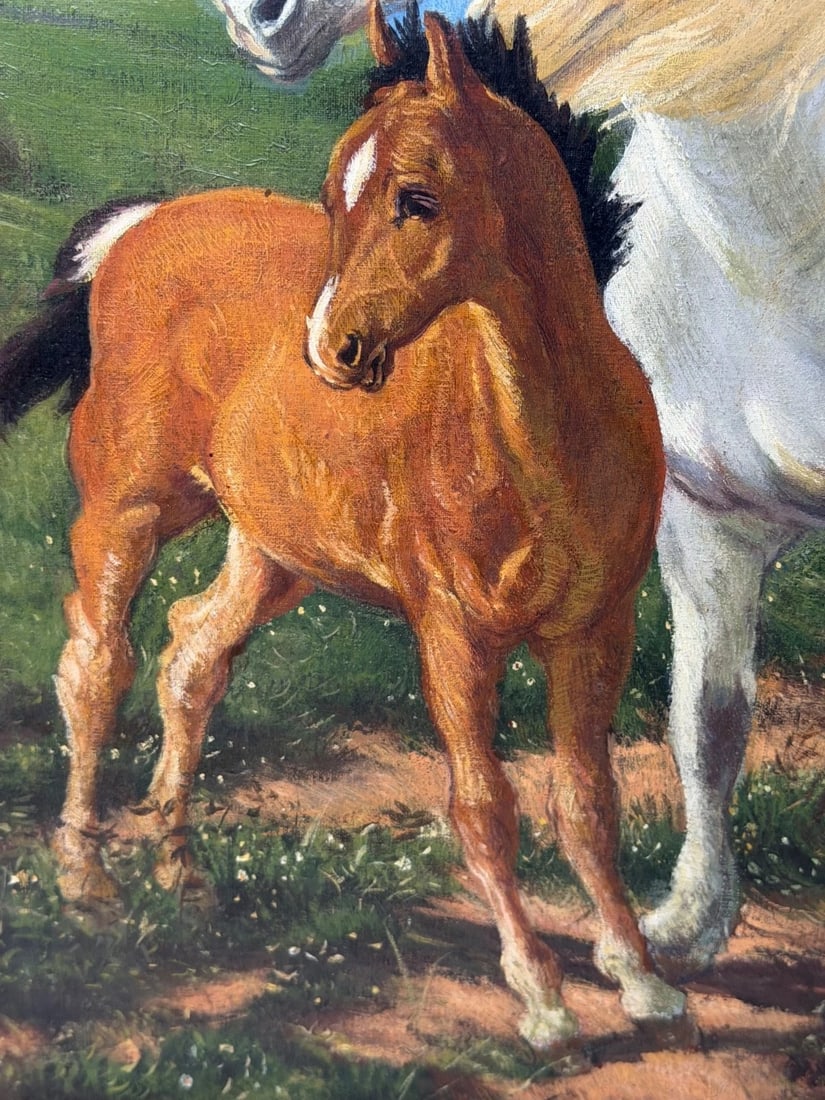 Equestrian Oil Painting Grey Mare Standing Aside Chestnut Foal "Mother and Son" - 10