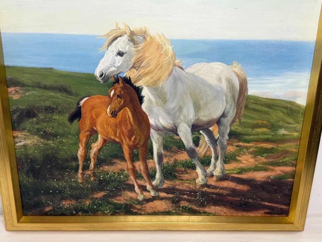Equestrian Oil Painting Grey Mare Standing Aside Chestnut Foal "Mother and Son" - 11