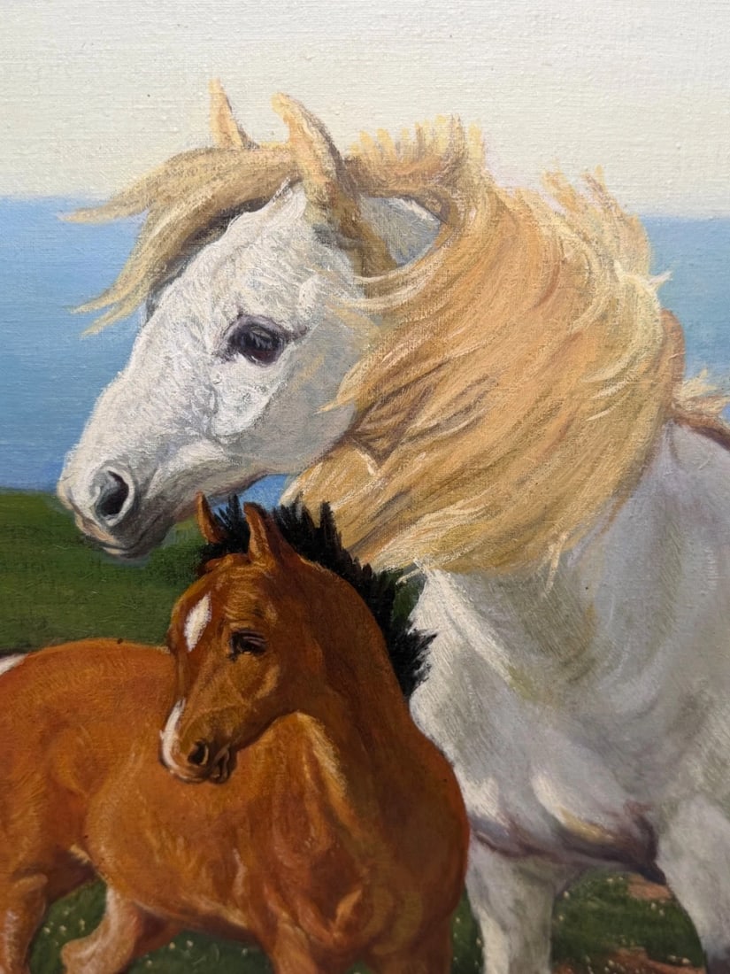 Equestrian Oil Painting Grey Mare Standing Aside Chestnut Foal "Mother and Son" - 12