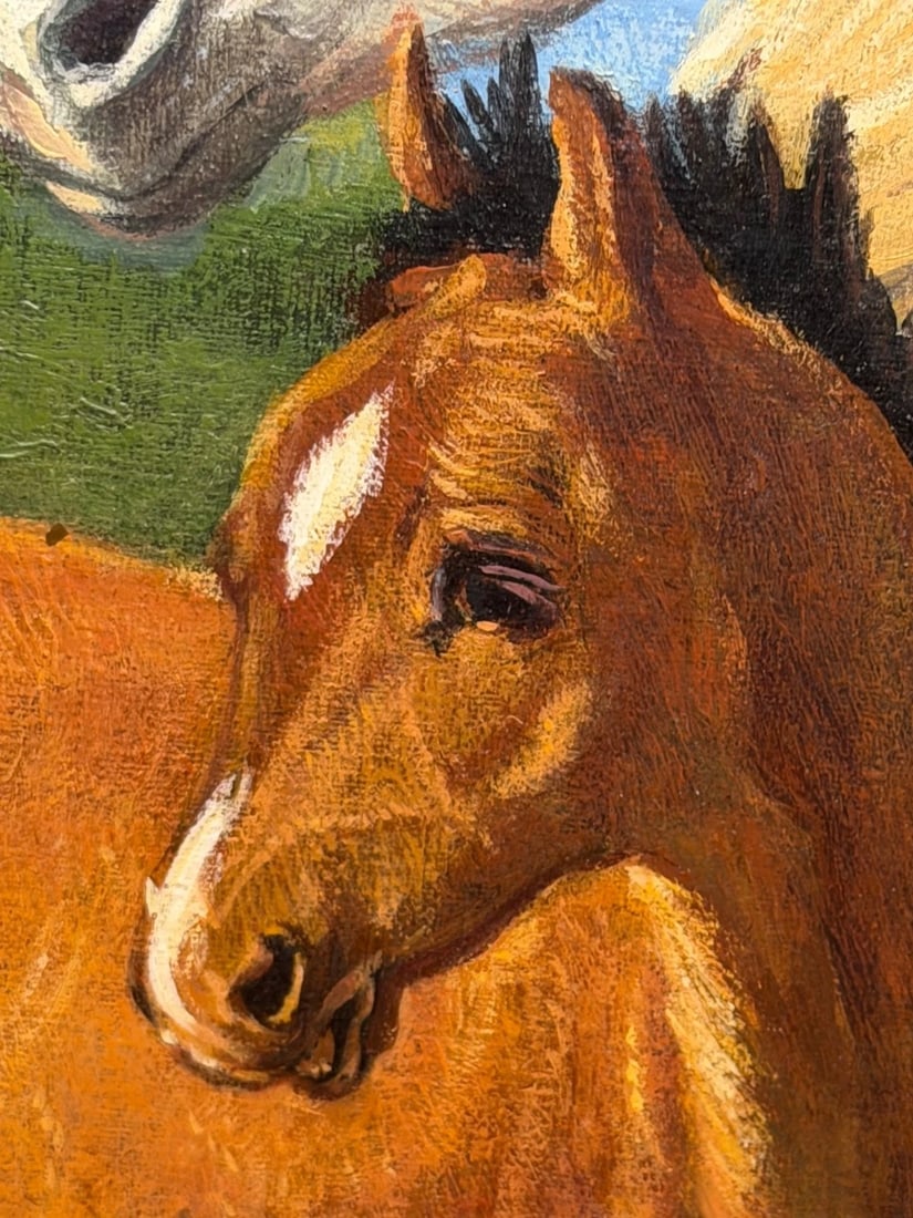 Equestrian Oil Painting Grey Mare Standing Aside Chestnut Foal "Mother and Son" - 15