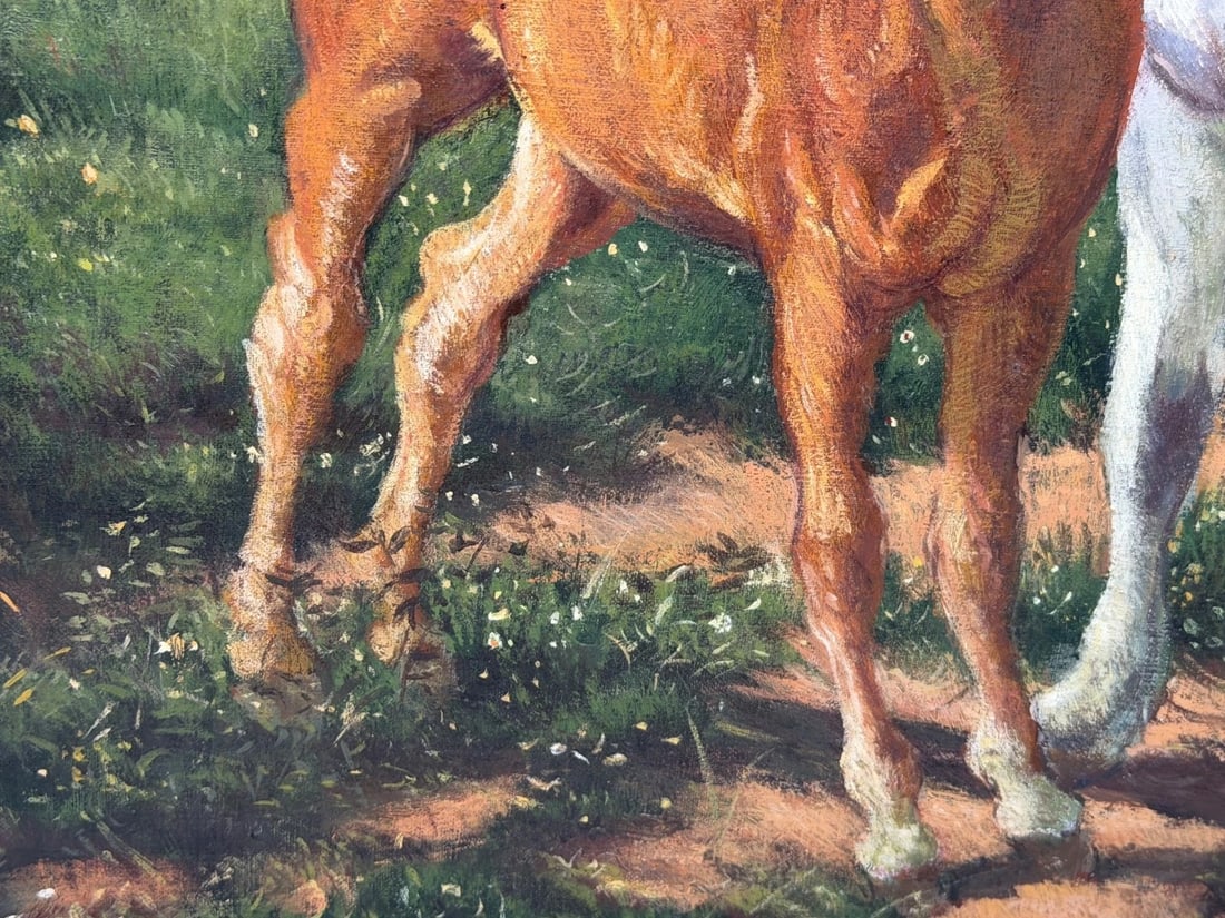 Equestrian Oil Painting Grey Mare Standing Aside Chestnut Foal "Mother and Son" - 16
