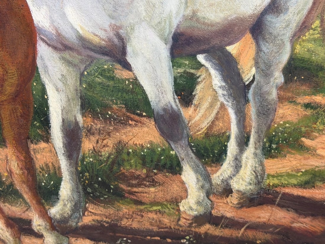 Equestrian Oil Painting Grey Mare Standing Aside Chestnut Foal "Mother and Son" - 17