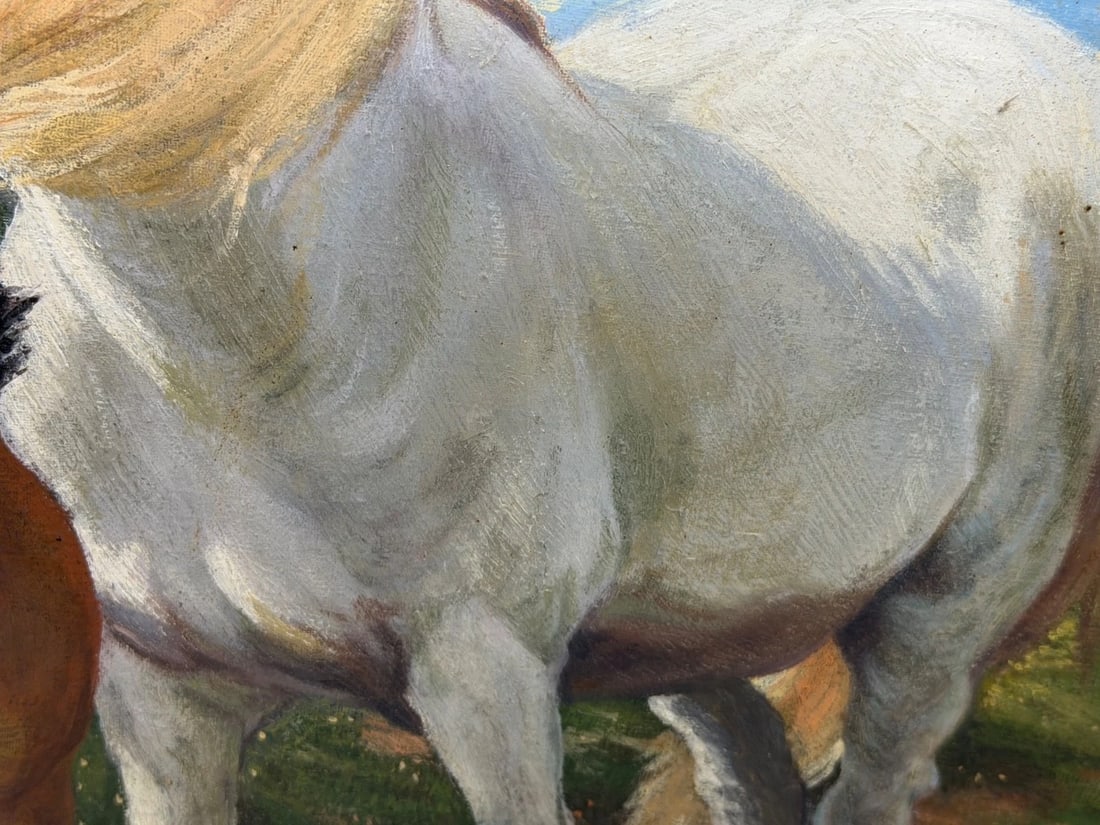 Equestrian Oil Painting Grey Mare Standing Aside Chestnut Foal "Mother and Son" - 18