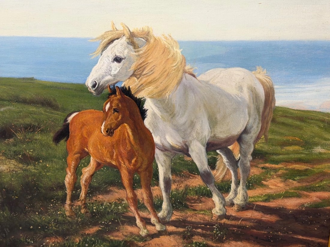 Equestrian Oil Painting Grey Mare Standing Aside Chestnut Foal "Mother and Son" - 2