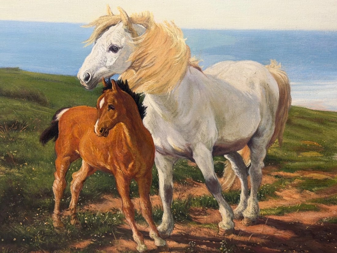 Equestrian Oil Painting Grey Mare Standing Aside Chestnut Foal "Mother and Son" - 3