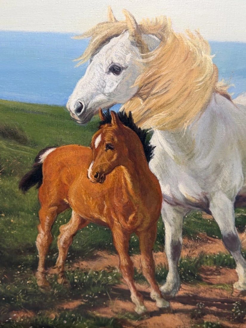Equestrian Oil Painting Grey Mare Standing Aside Chestnut Foal "Mother and Son" - 4