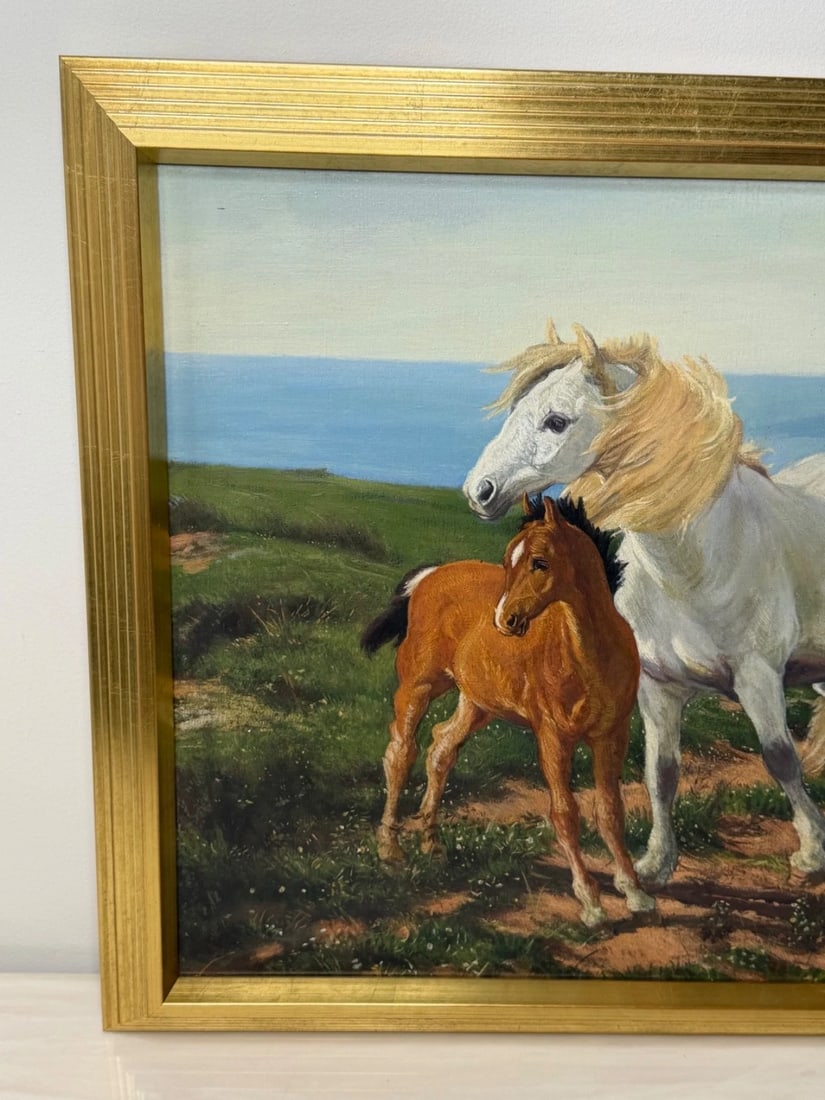 Equestrian Oil Painting Grey Mare Standing Aside Chestnut Foal "Mother and Son" - 9