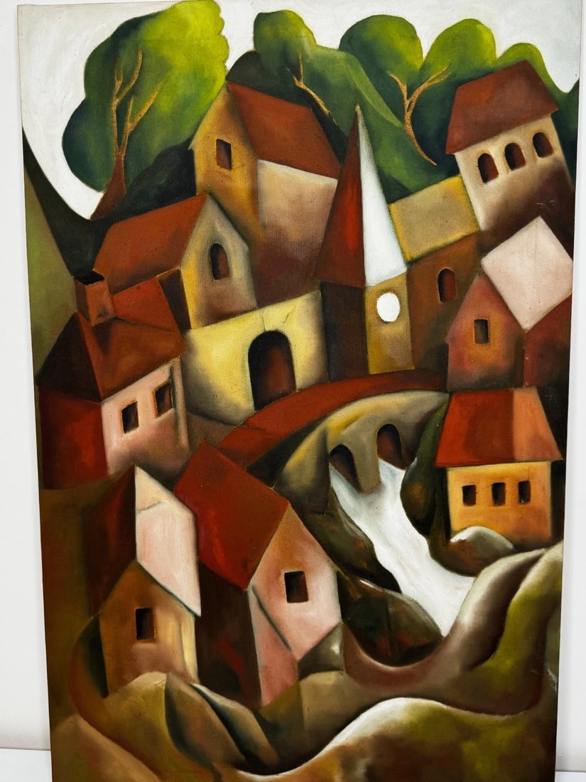 After Picasso Oil Painting Large Cubist-Influenced Cascading Hillside Village - 2