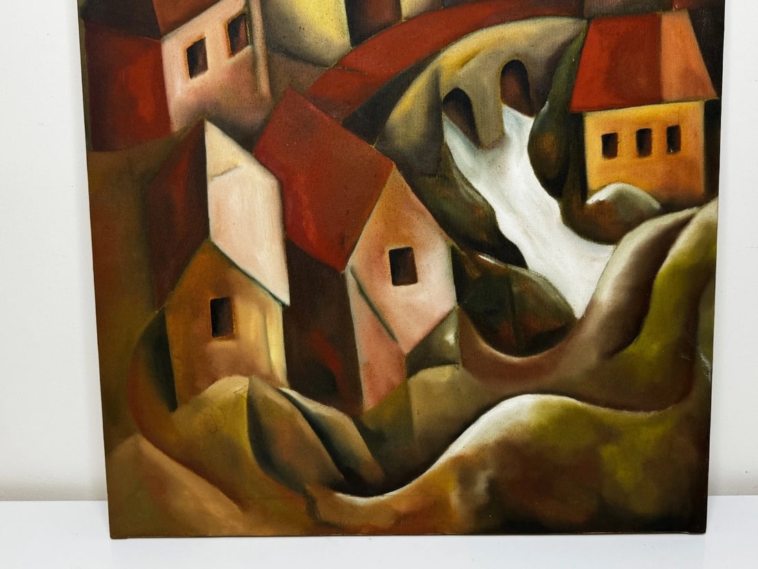 After Picasso Oil Painting Large Cubist-Influenced Cascading Hillside Village - 3