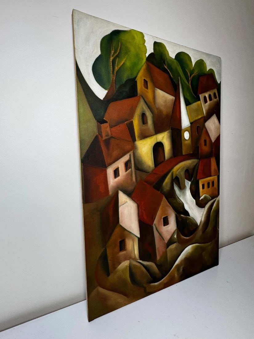 After Picasso Oil Painting Large Cubist-Influenced Cascading Hillside Village - 4