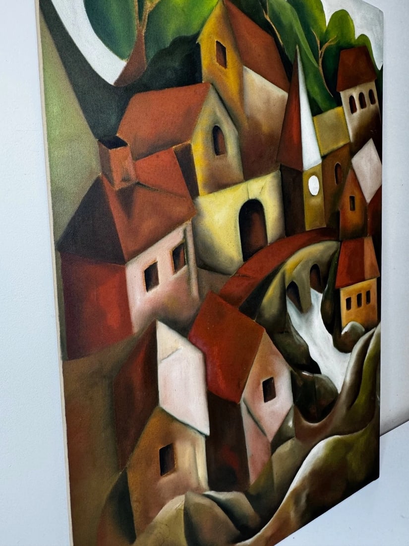 After Picasso Oil Painting Large Cubist-Influenced Cascading Hillside Village - 5