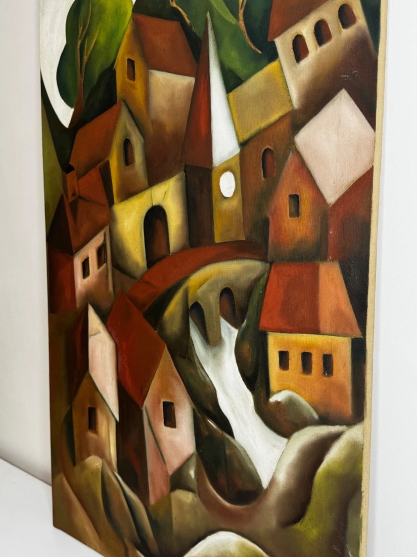 After Picasso Oil Painting Large Cubist-Influenced Cascading Hillside Village - 6