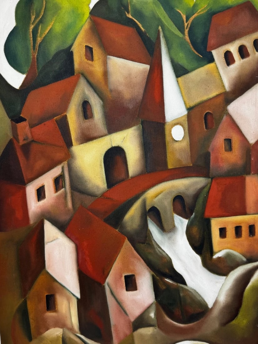 After Picasso Oil Painting Large Cubist-Influenced Cascading Hillside Village - 7