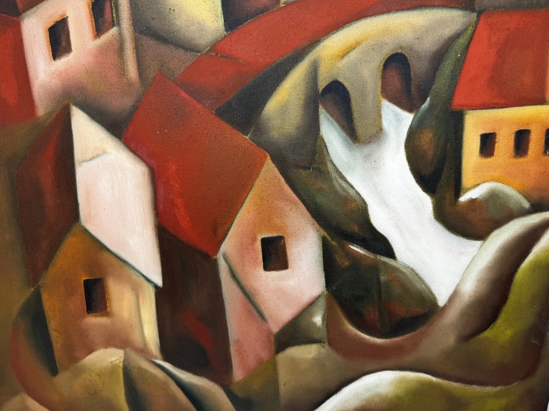 After Picasso Oil Painting Large Cubist-Influenced Cascading Hillside Village - 8