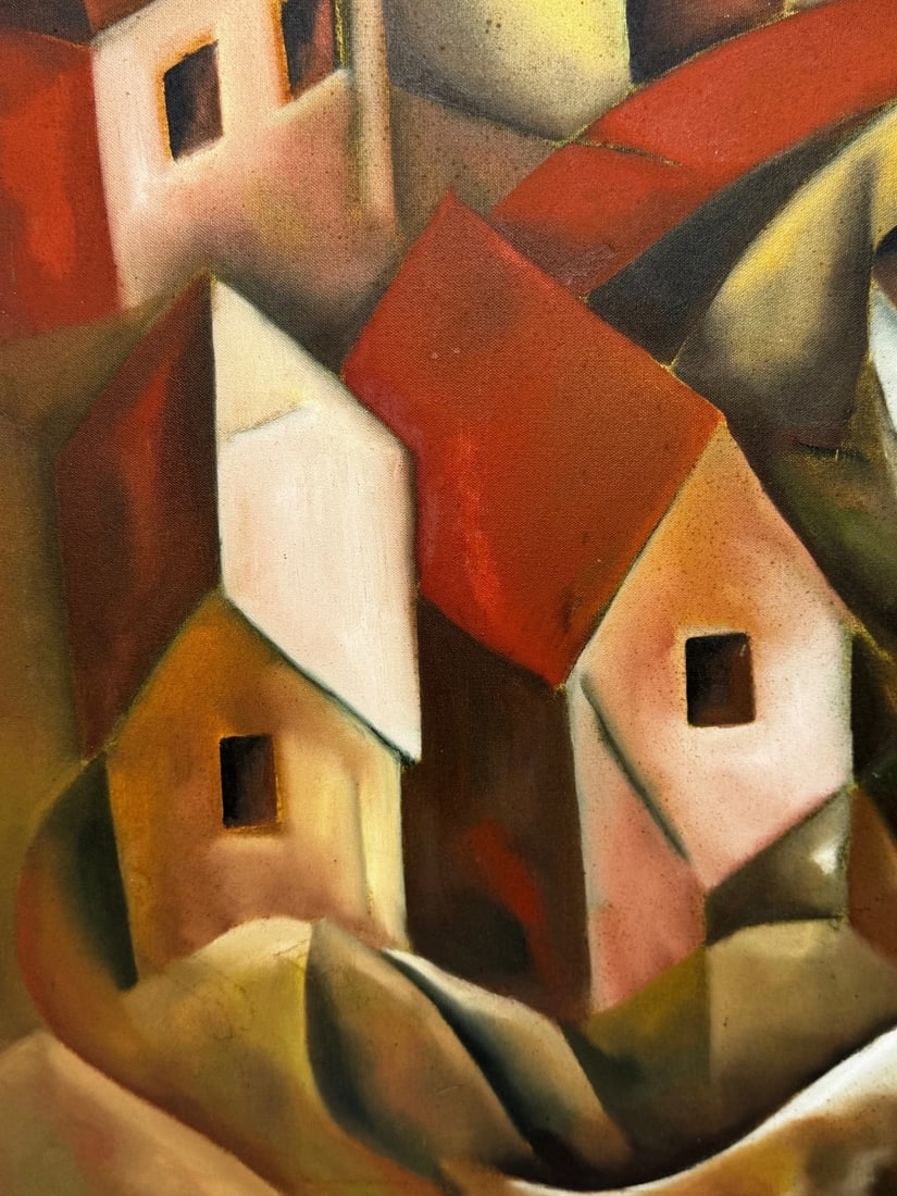 After Picasso Oil Painting Large Cubist-Influenced Cascading Hillside Village - 9