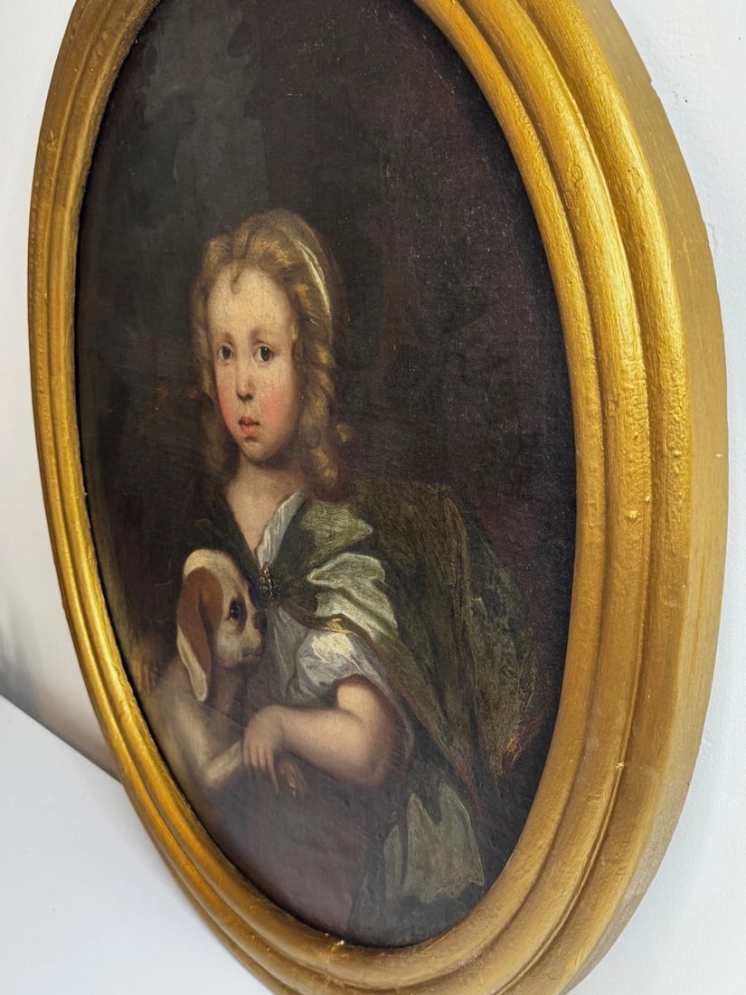 An Endearing Bond Boy with King Charles Spaniel Puppy Circle Of Mary Beale C1680 - 10