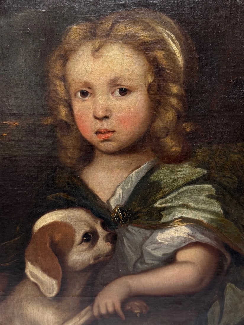 An Endearing Bond Boy with King Charles Spaniel Puppy Circle Of Mary Beale C1680 - 2