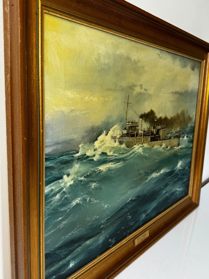 Oil Painting HMS Franklin Ship The Pentlands 1944 WW2 Convoy Duty North Sea - 5