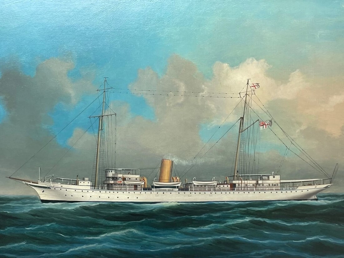 Anglo Chinese School Marine Oil Painting HMS Alacrity Schooner Steam Sail Ship - 2