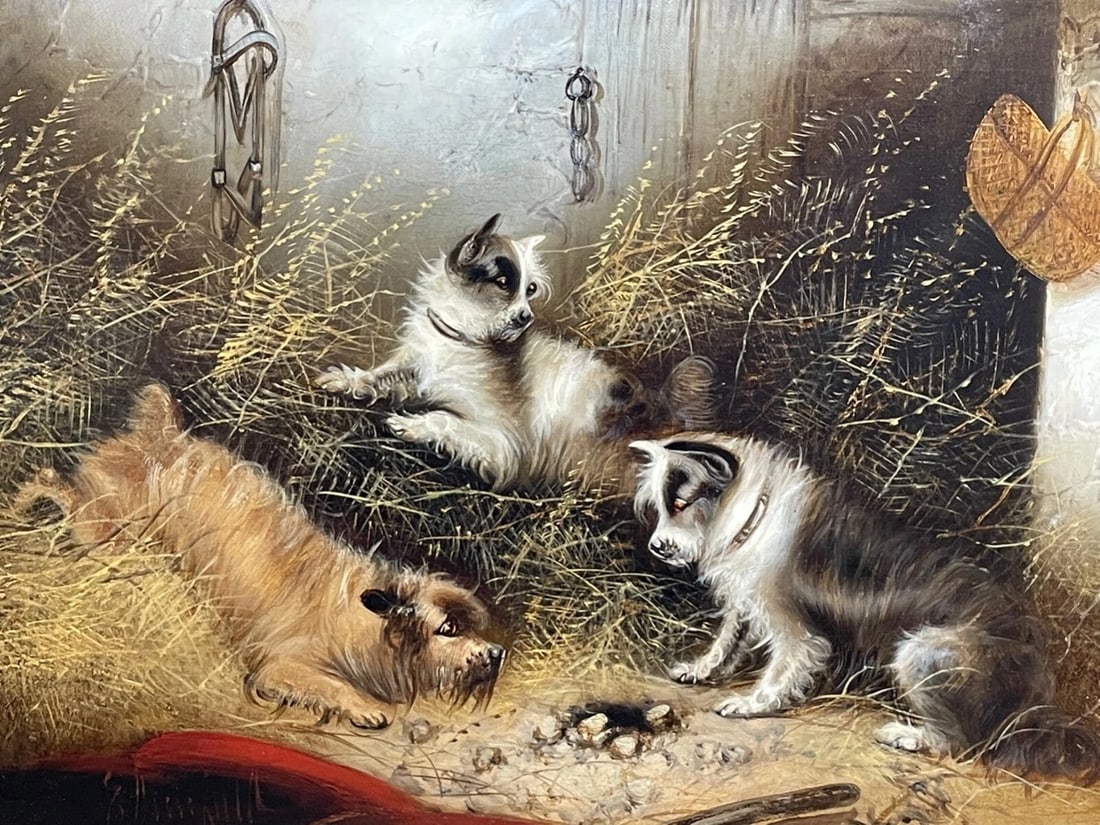 Oil Painting 3 Hunting Terrier Dogs "A Sharp Lookout" Edward Armfield 1817-1896 - 2