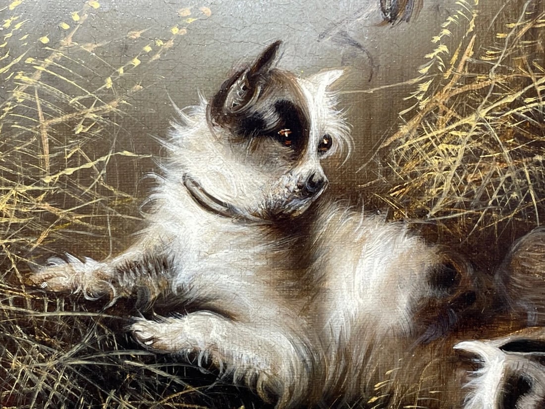 Oil Painting 3 Hunting Terrier Dogs "A Sharp Lookout" Edward Armfield 1817-1896 - 3