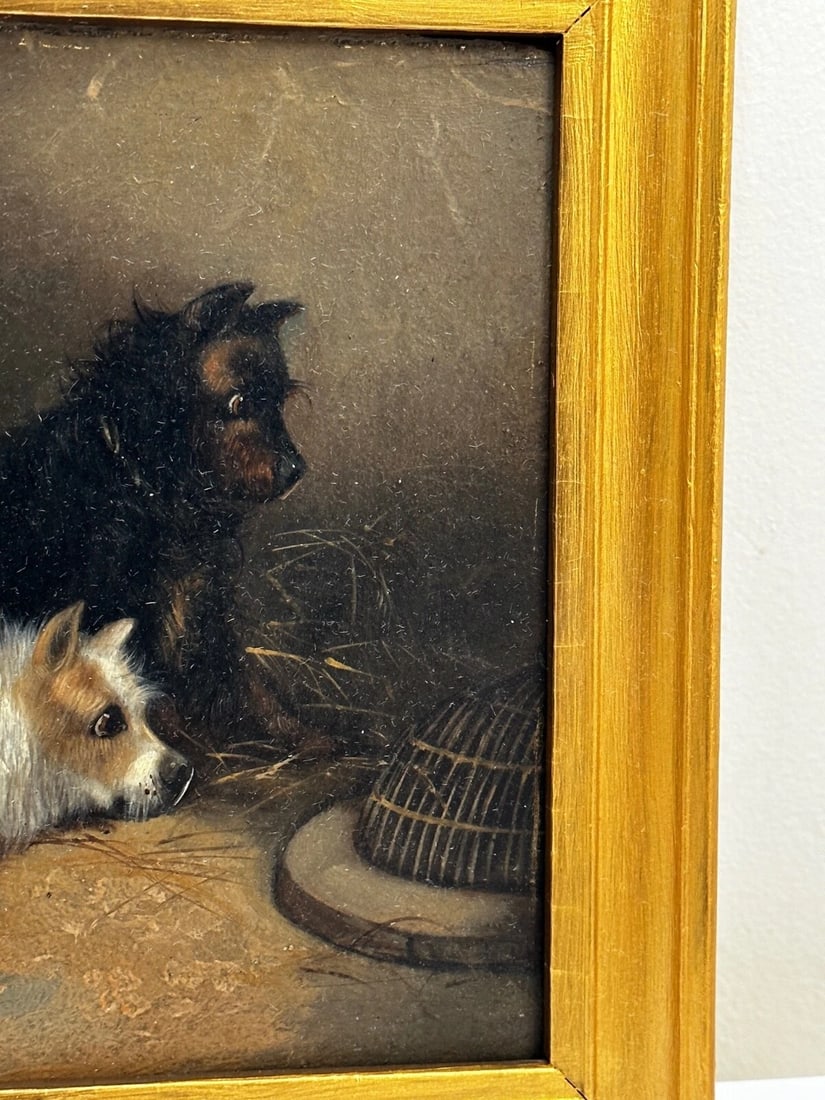 Oil Painting Hunting 2 Terrier Dogs On The Scent Ratting George Armfield C1867 - 5